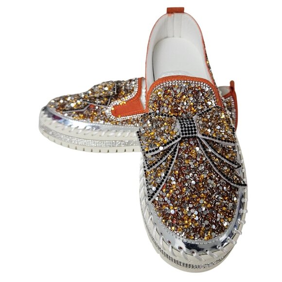 Womens 8.5/39 Rhinestone Bow Platform Sneakers Glitter Walking Slip-On Loafers - Picture 15 of 15